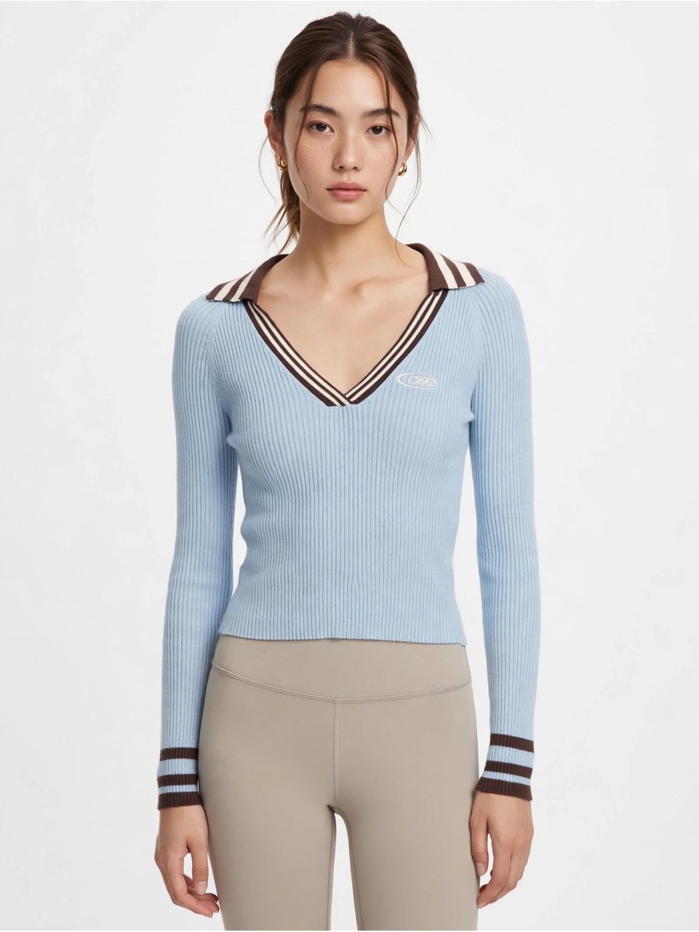 Urban Outfitters Rib-Knit V-Neck Fall Sweater in Light Blue with Contrast Trim